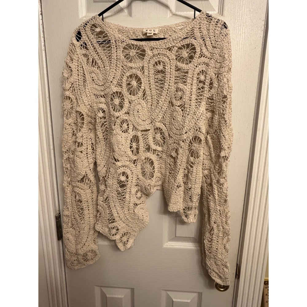 POL Clothing Cream Crochet Knit Paisley Asymmetrical Top One Sz New Boho Chic